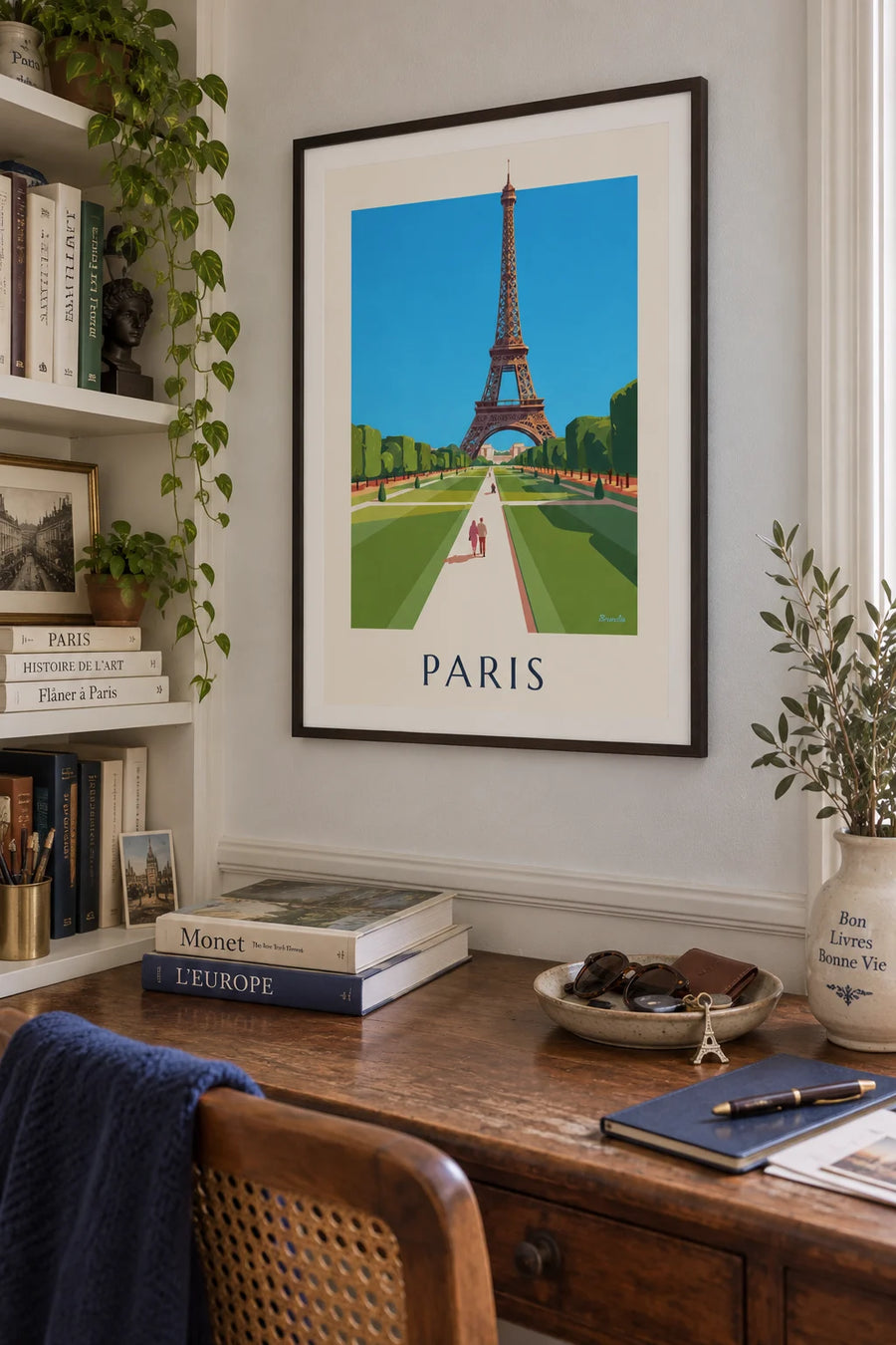 Poster of the Eiffel Tower seen from the lawns of the Champ-de-Mars: framed on the wall