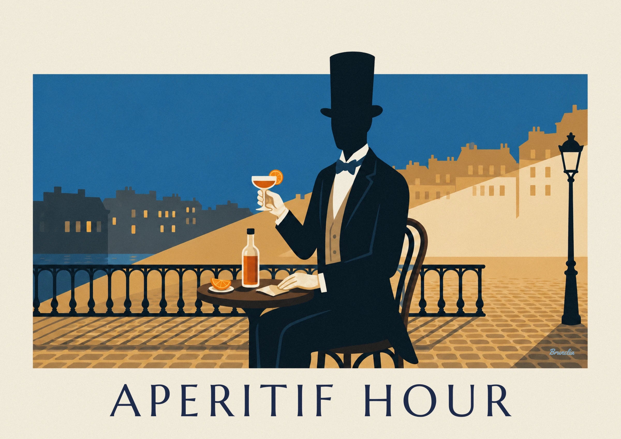 The man in a top hat and bow tie, holding a glass of orange apéritif