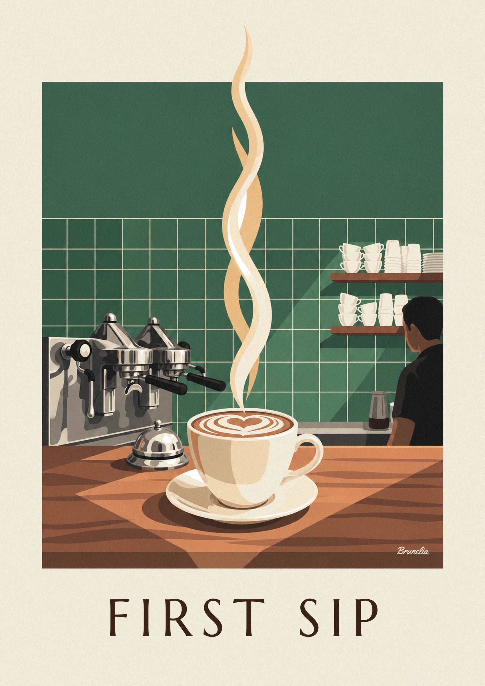 Le cappuccino à cœur de mousse sur sa soucoupe, vapeur dorée sur le comptoir en bois