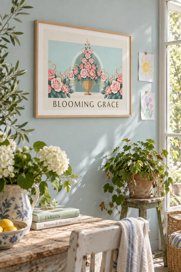 Affiche composition florale aux roses et pivoines dans une urne : encadrée au mur