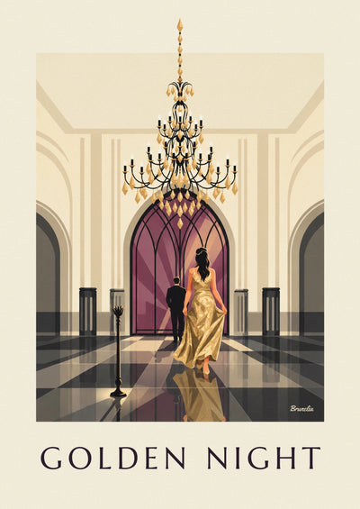 Affiche femme en robe dorée à paillettes sous un lustre de bal : l'affiche entière