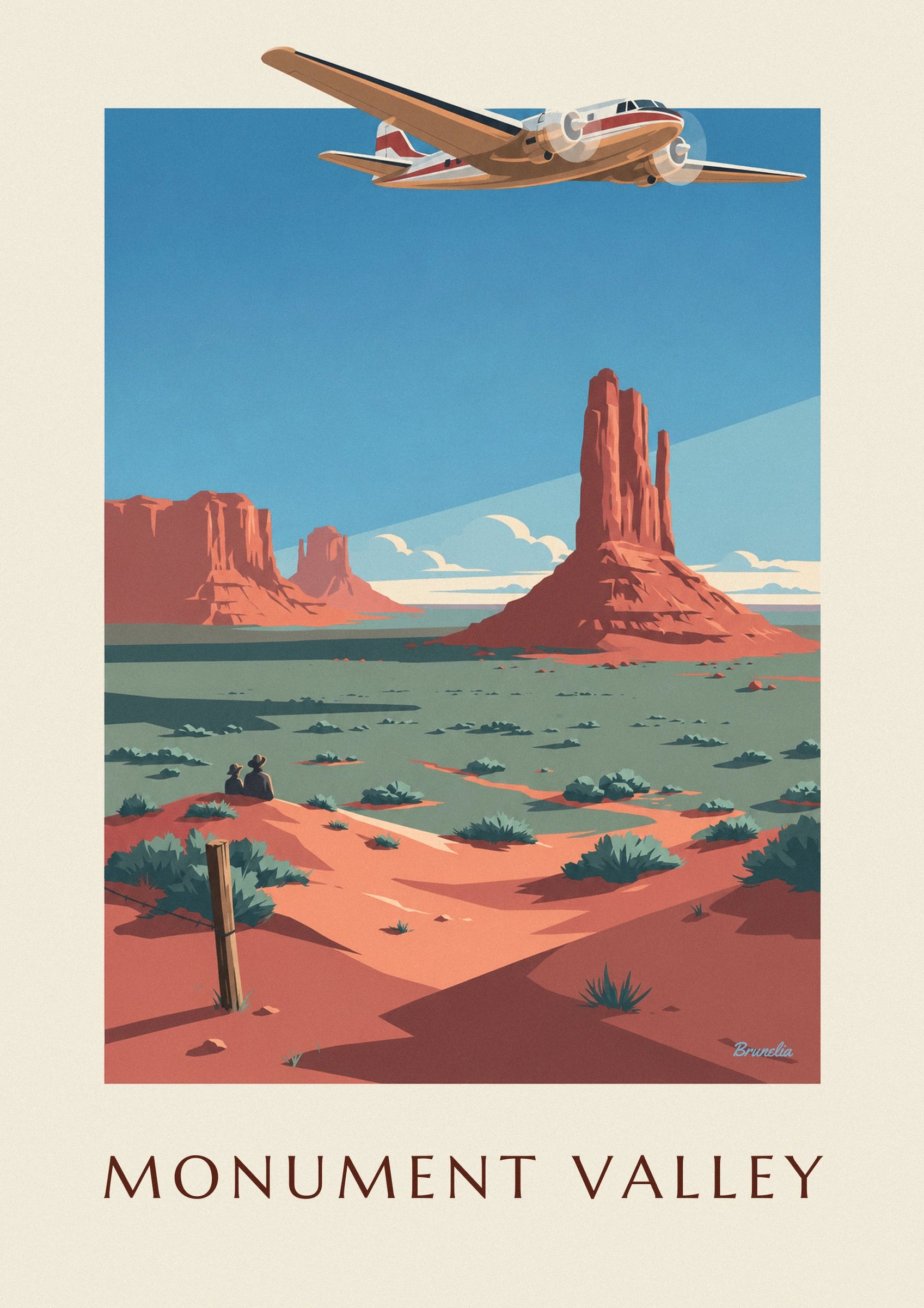 The red and cream twin-engine plane in the blue sky above a red sandstone butte