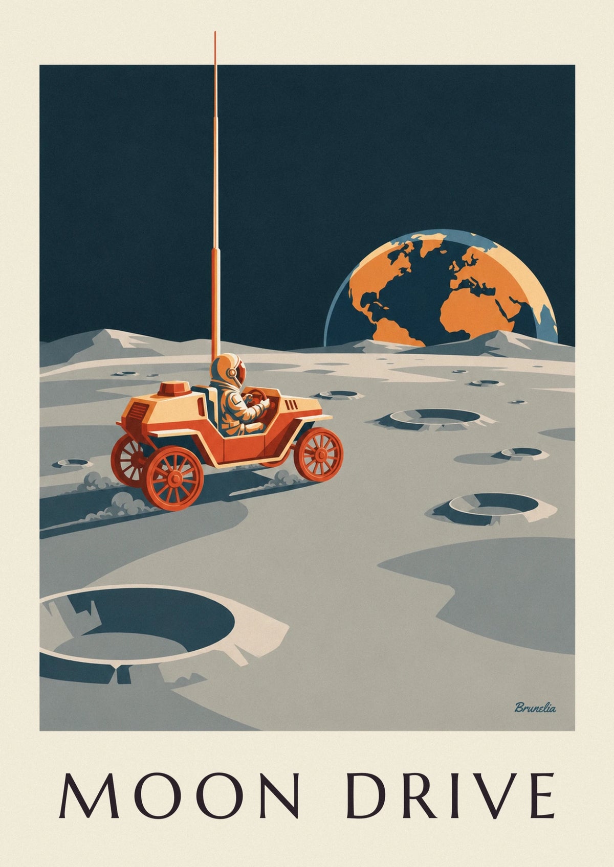 Lunar rover among Moon craters poster