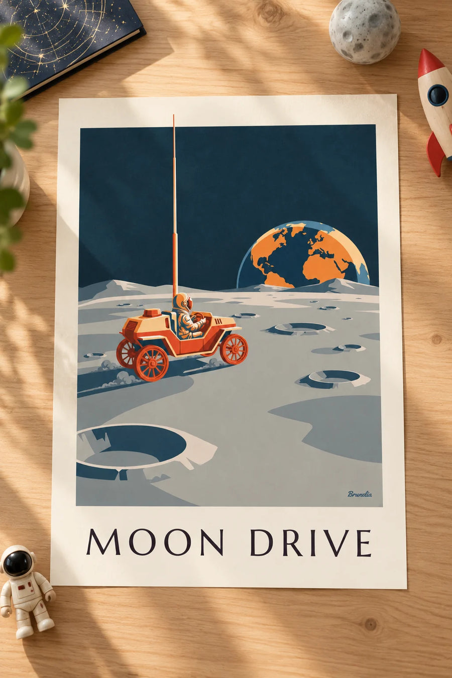 Poster of a lunar rover driving between the craters of the Moon: small A4 framed size