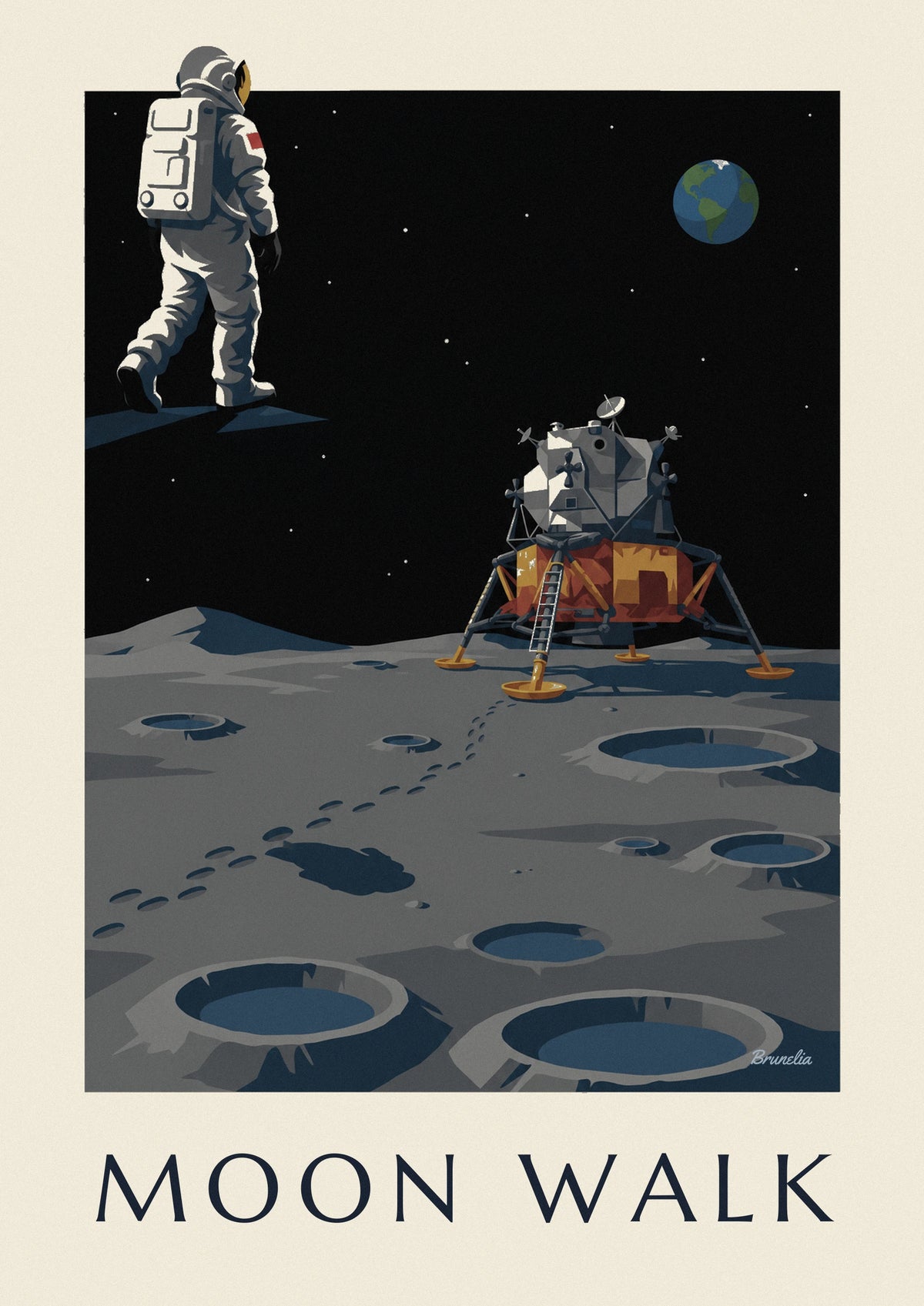 Plakát astronaut kráčející k lunárnímu modulu na Měsíci