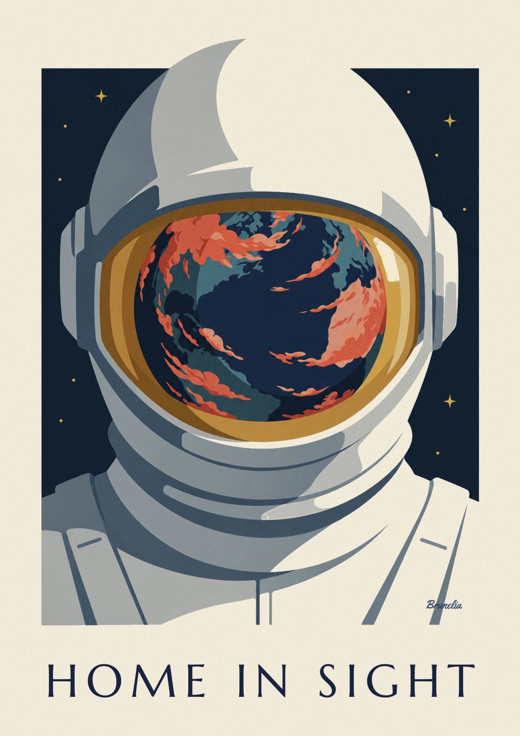 The midnight blue Earth with orange clouds in the helmet’s gold-rimmed visor