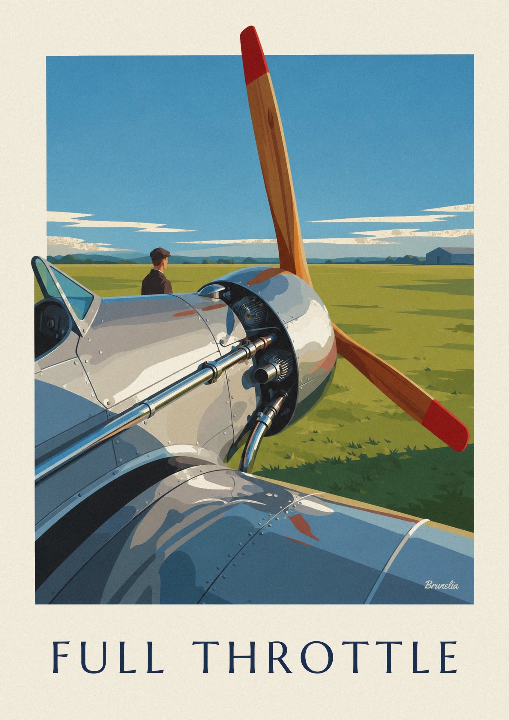 The engine with dark cylinders, chrome rods and a wooden propeller