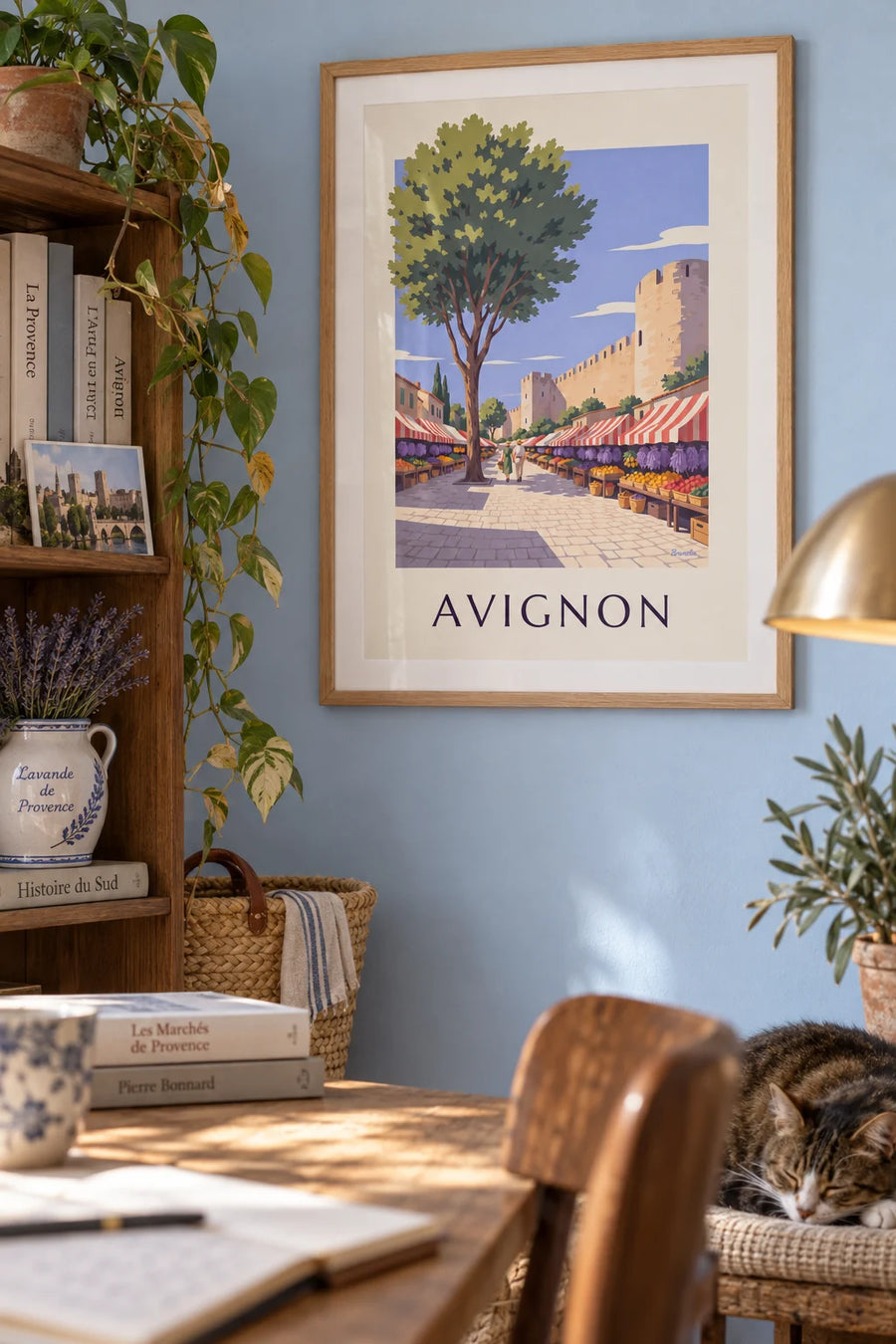 Poster of a Provençal market and lavender in Avignon: framed on the wall