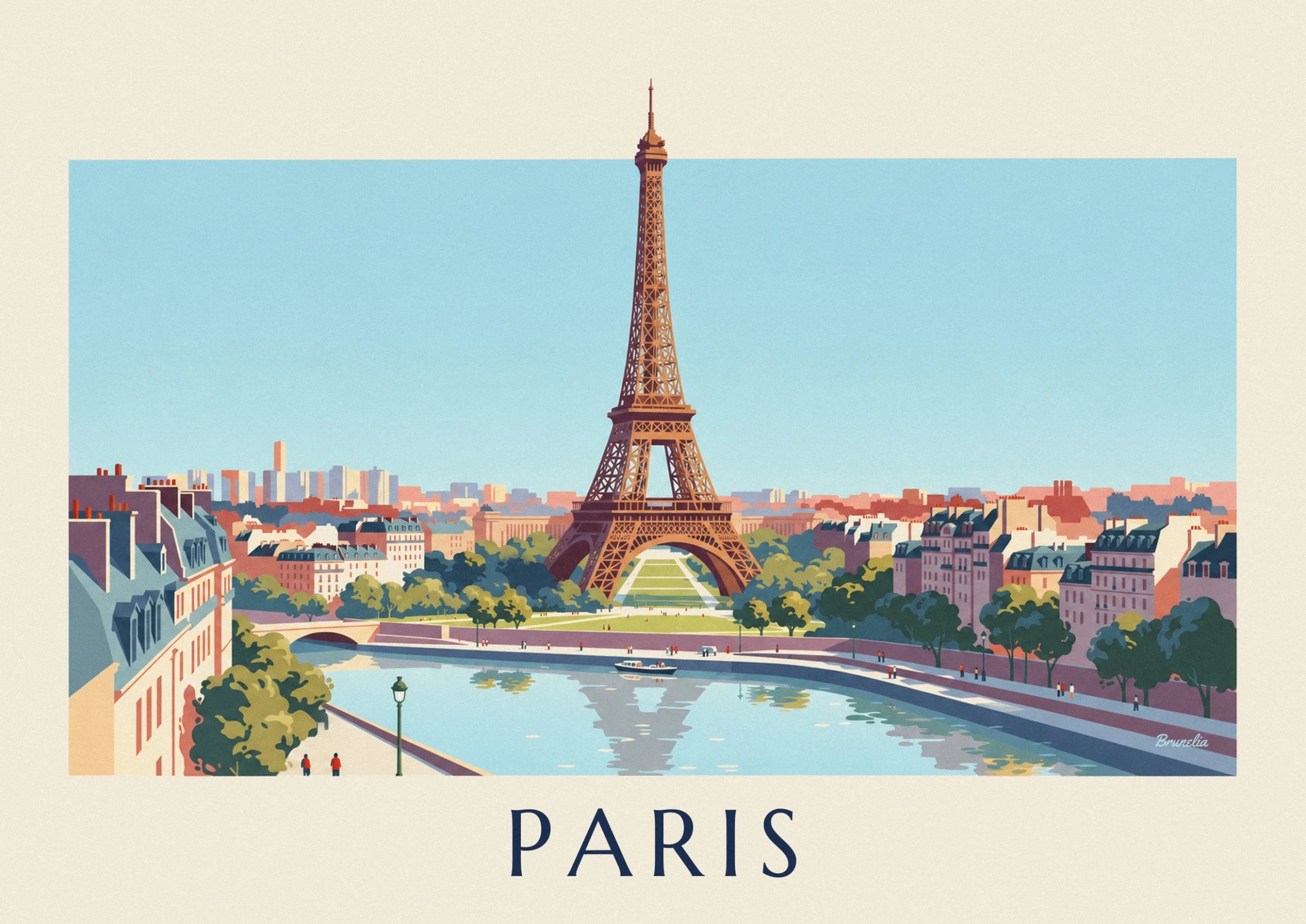 The tour Eiffel with its ochre girders against the blue sky above the rooftops of Paris