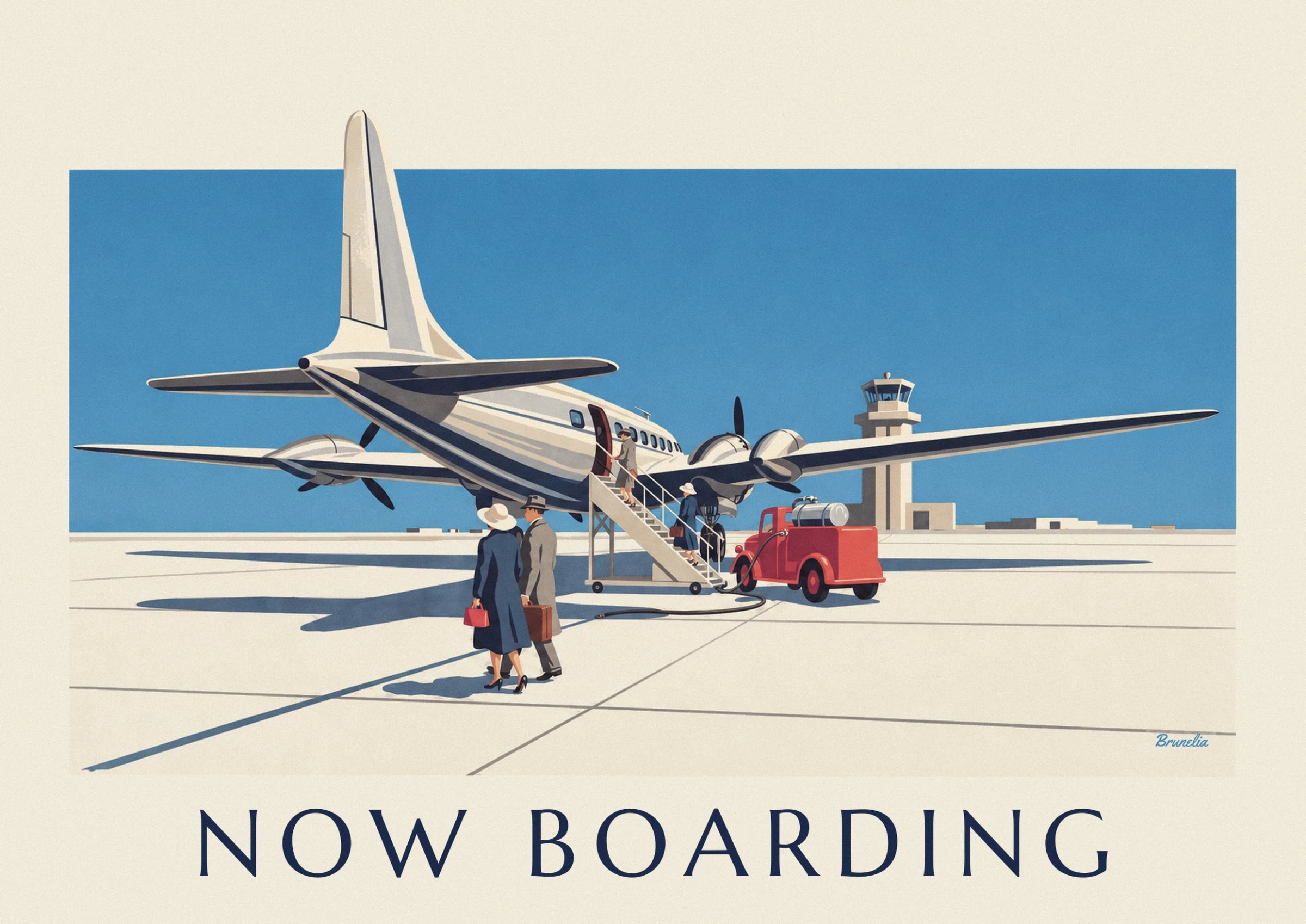 A couple in blue and grey coats at the foot of the aircraft steps, suitcases in hand