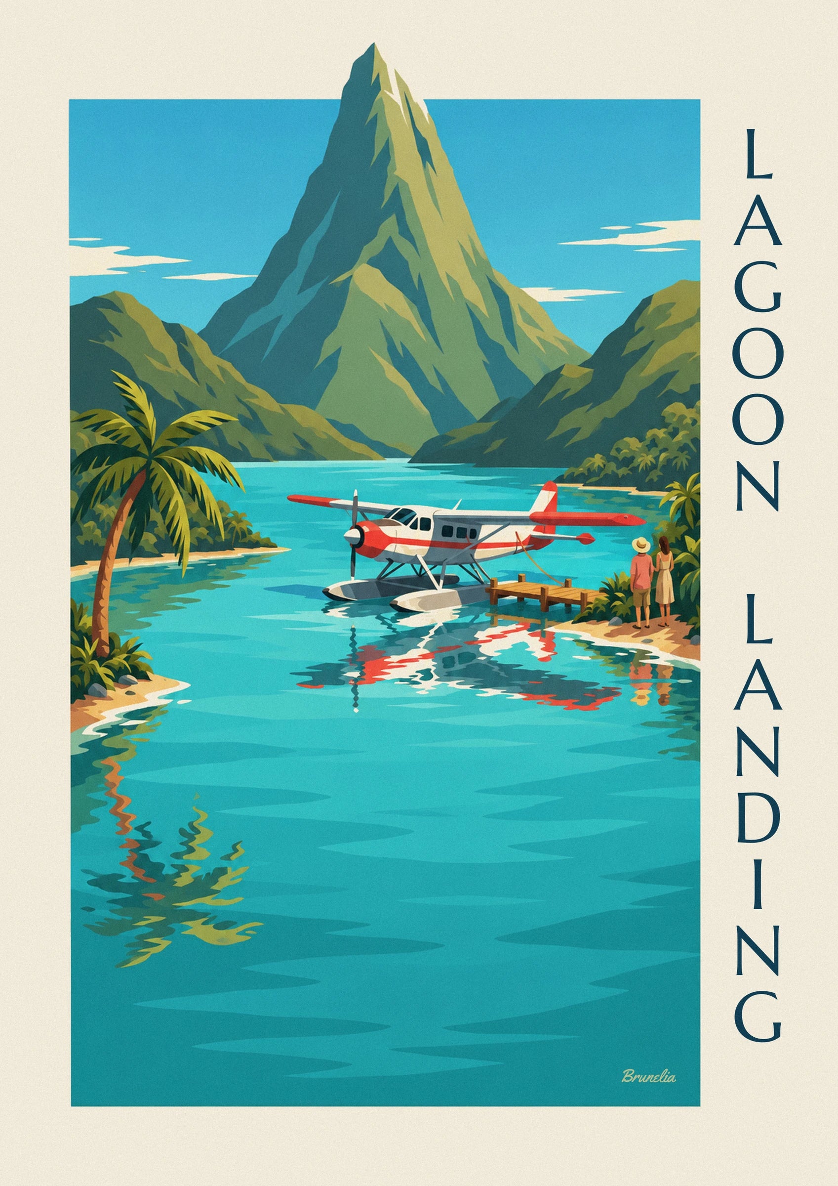 The red and white seaplane on its floats, moored to the wooden jetty, with a walker in a straw hat