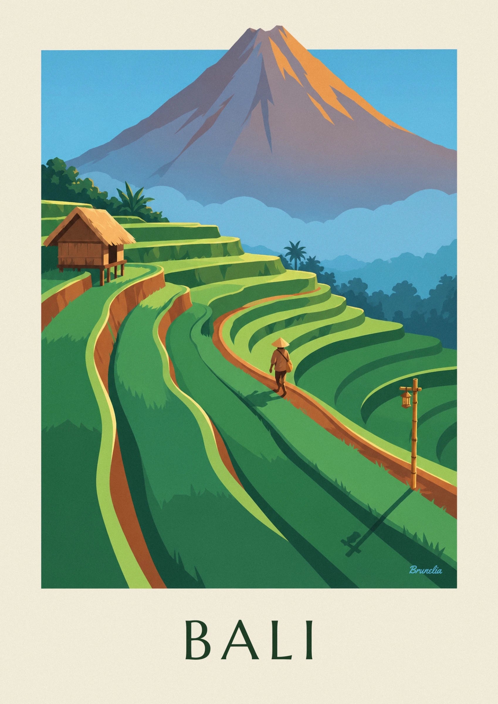 Le mont Agung aux pentes orangées, au-dessus des rizières et des palmiers
