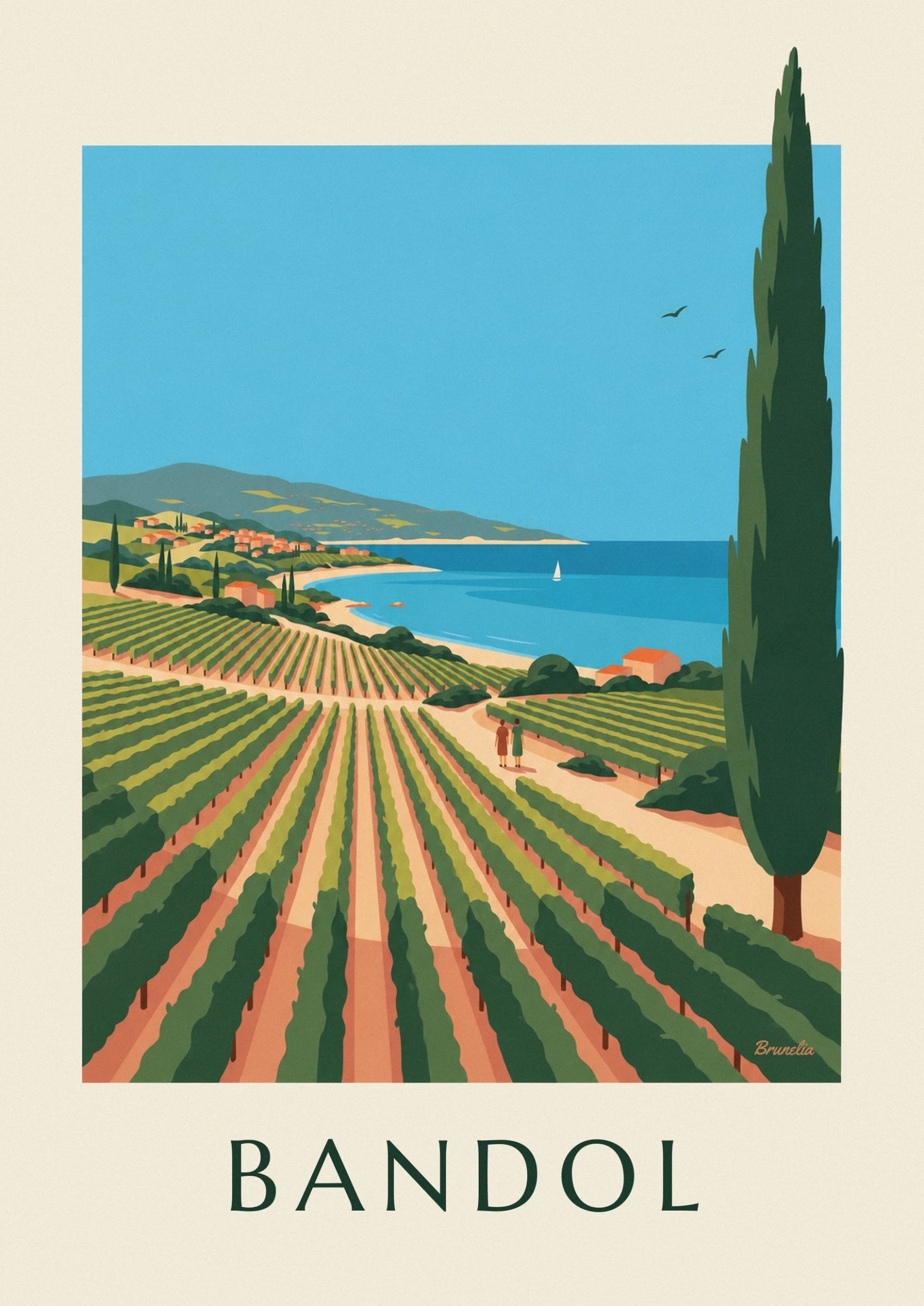Rows of green vines on ochre soil, facing the blue bay of Bandol
