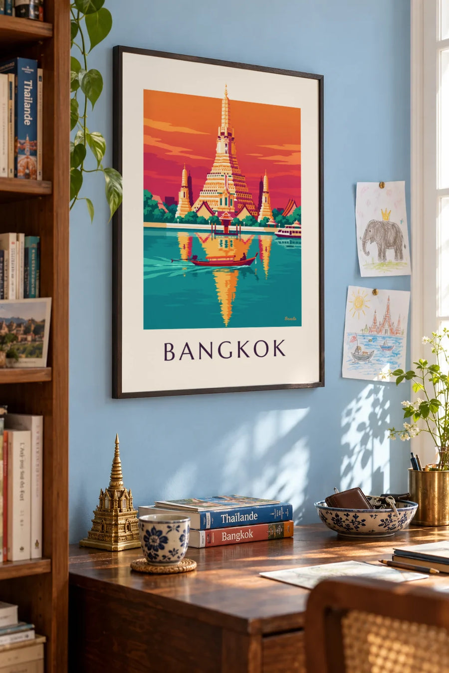 Plakát chrám Wat Arun na břehu řeky v Bangkoku: zarámovaný na zdi
