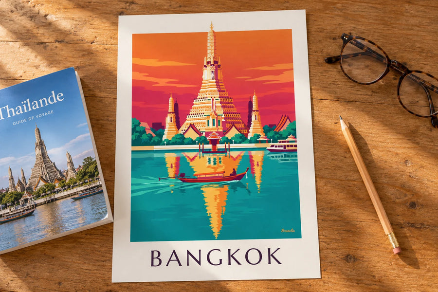 Plakát chrám Wat Arun na břehu řeky v Bangkoku: položený na stole