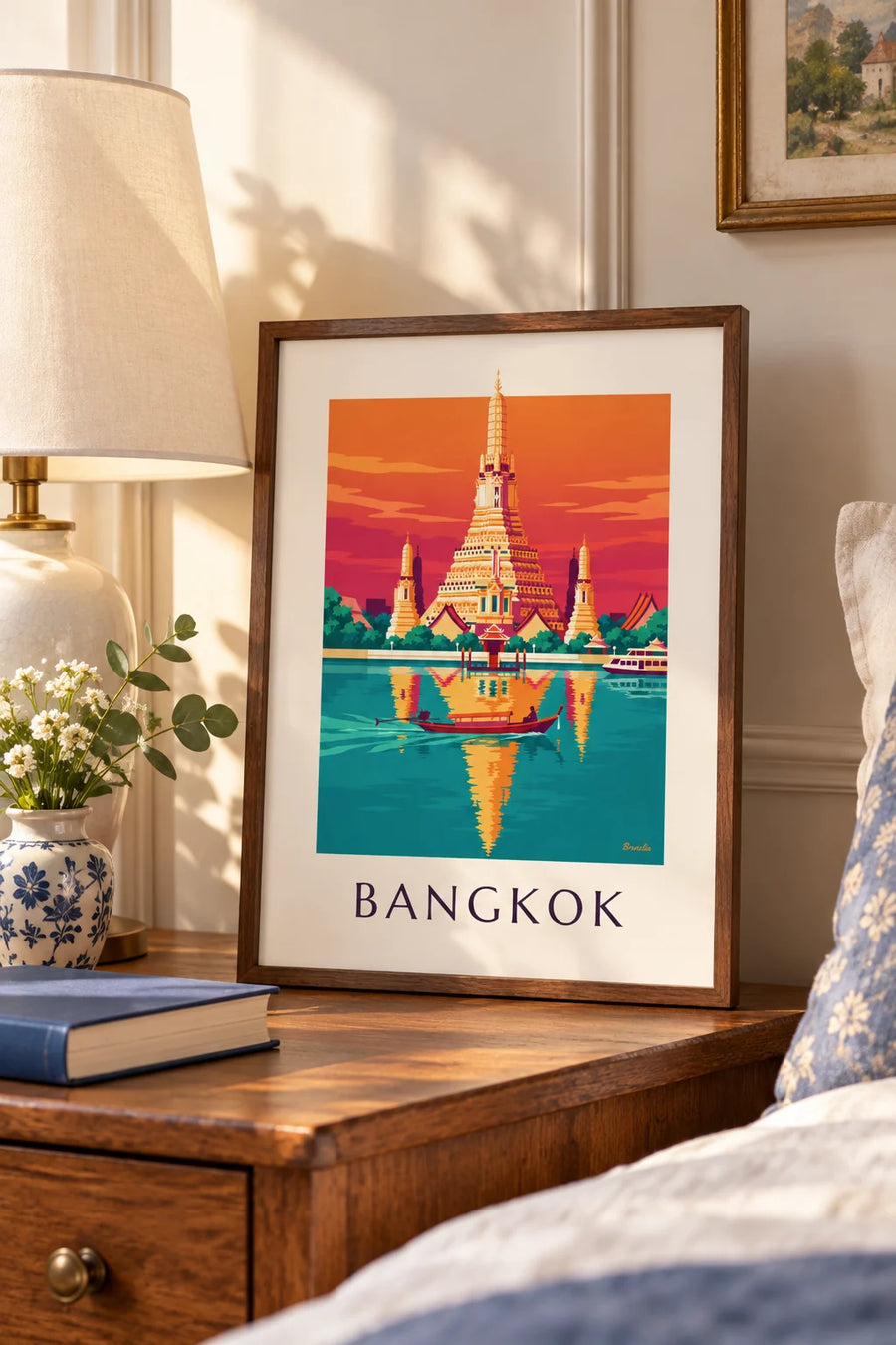 Plakát chrám Wat Arun na břehu řeky v Bangkoku: malý formát A4 v rámu