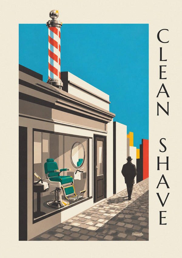 Affiche façade de barbier et enseigne rayée sur une rue pavée
