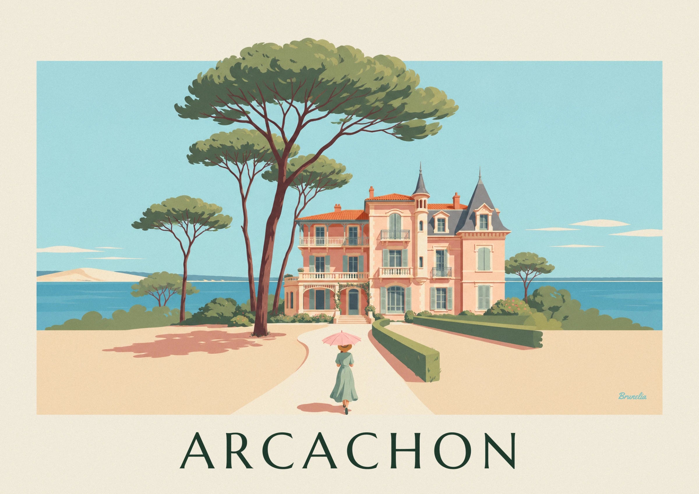 La villa rose à tourelle et toit d'ardoise, avec une dame à l'ombrelle rose dans l'allée