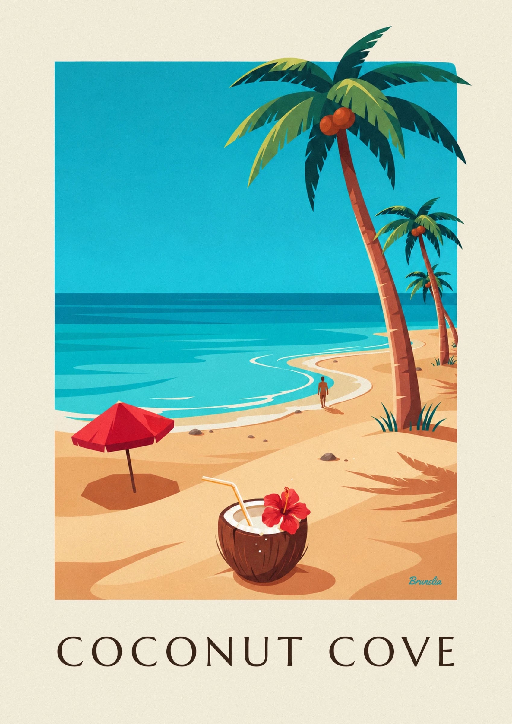 Une noix de coco garnie d'une paille et d'une fleur rouge sur le sable doré