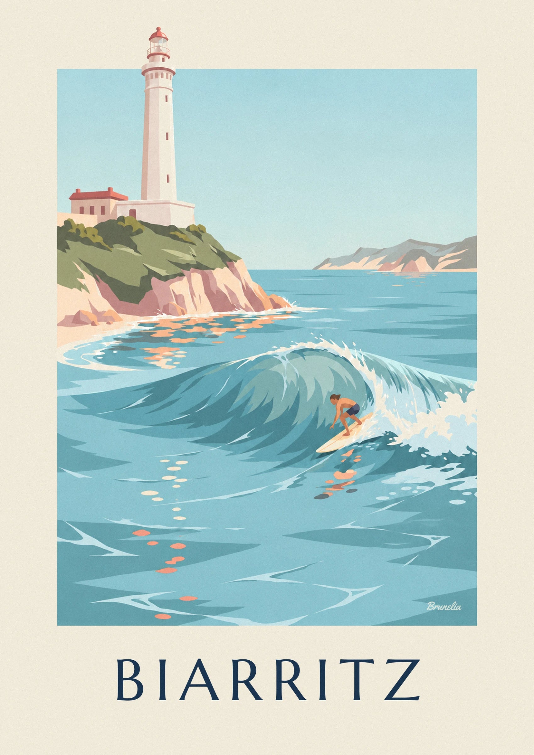 The surfer in navy blue shorts riding inside a turquoise wave, with a cream board beneath his feet