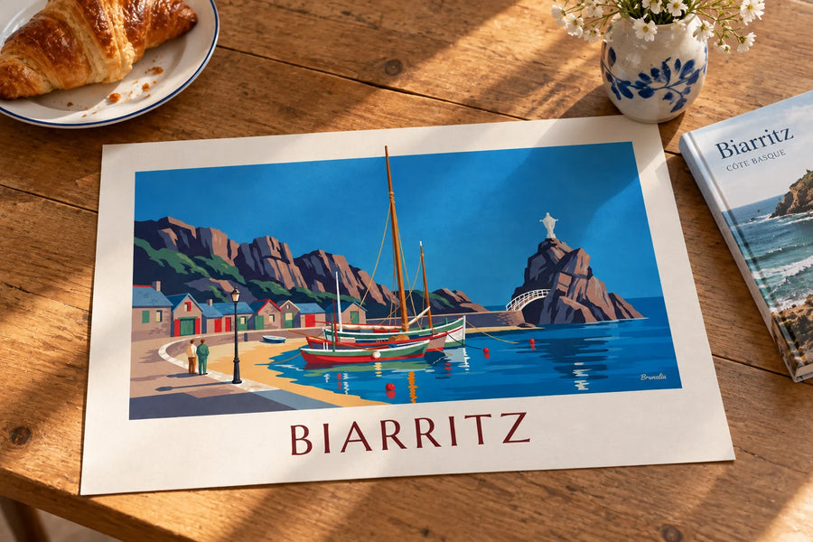 Plakát přístav Port des Pêcheurs v Biarritzu a skála Rocher de la Vierge: na stole