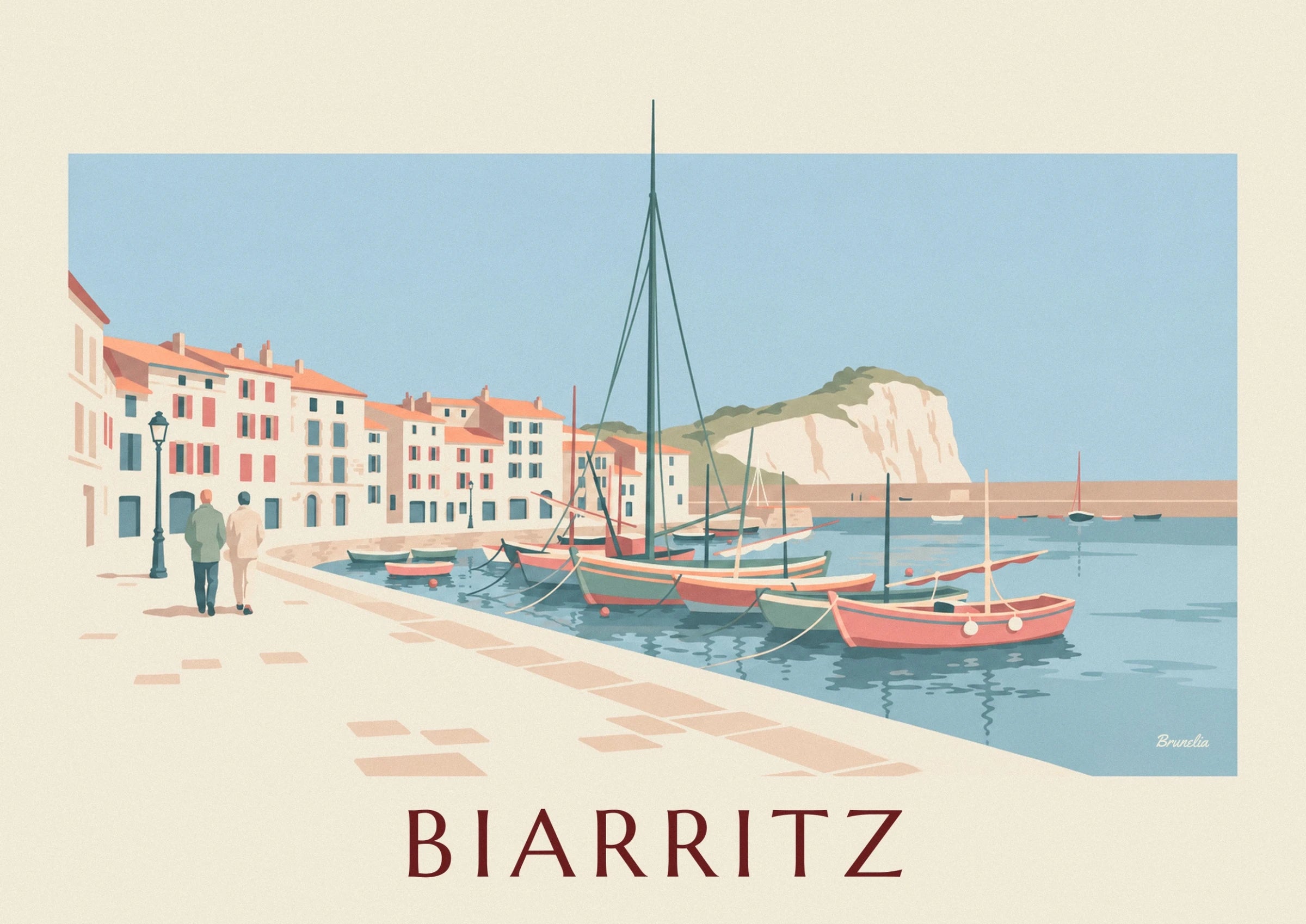 La barque corail et ses 2 pare-battages blancs sur l’eau bleue du port