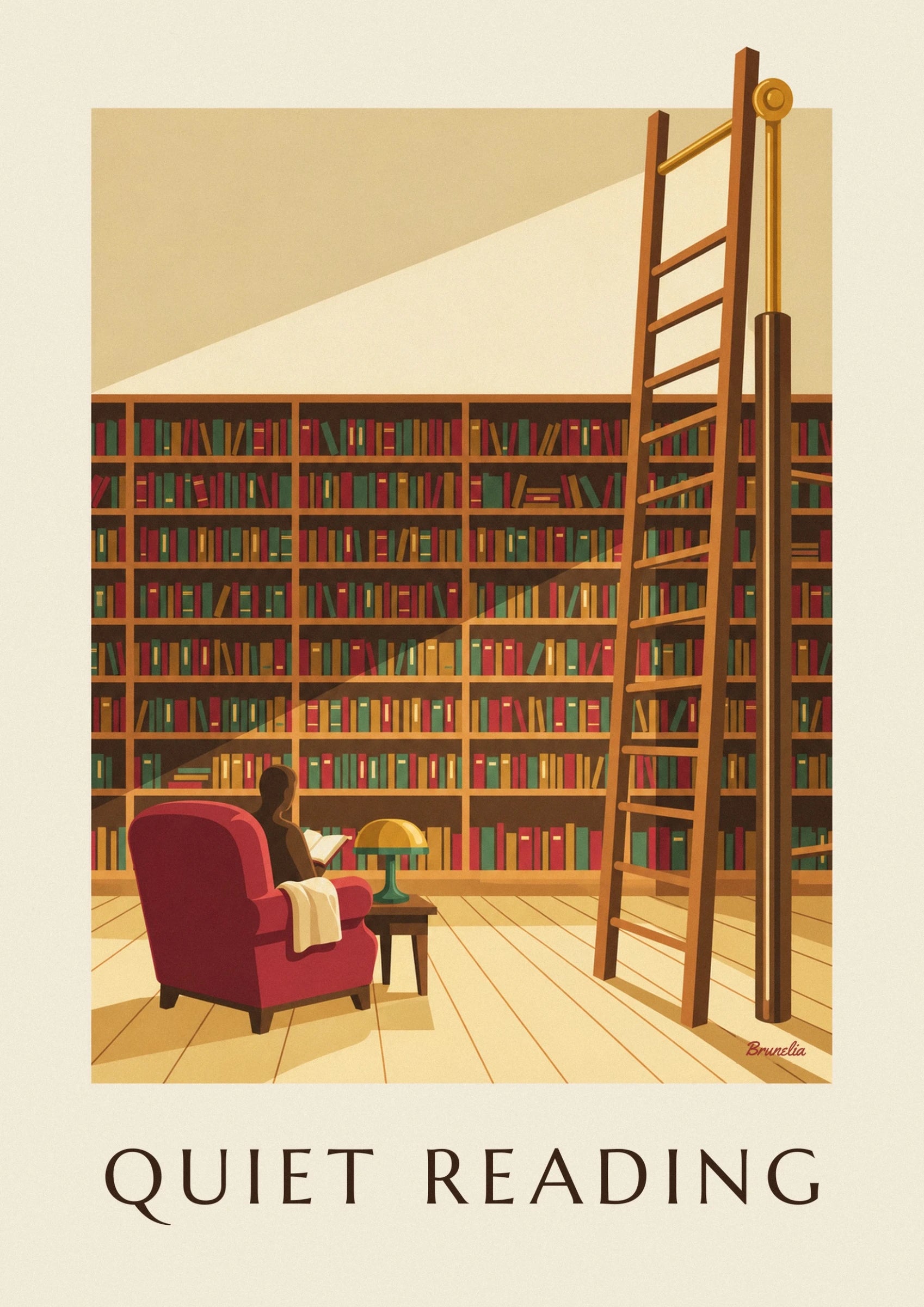 The reader in a red armchair, with an open book, beside a golden lamp