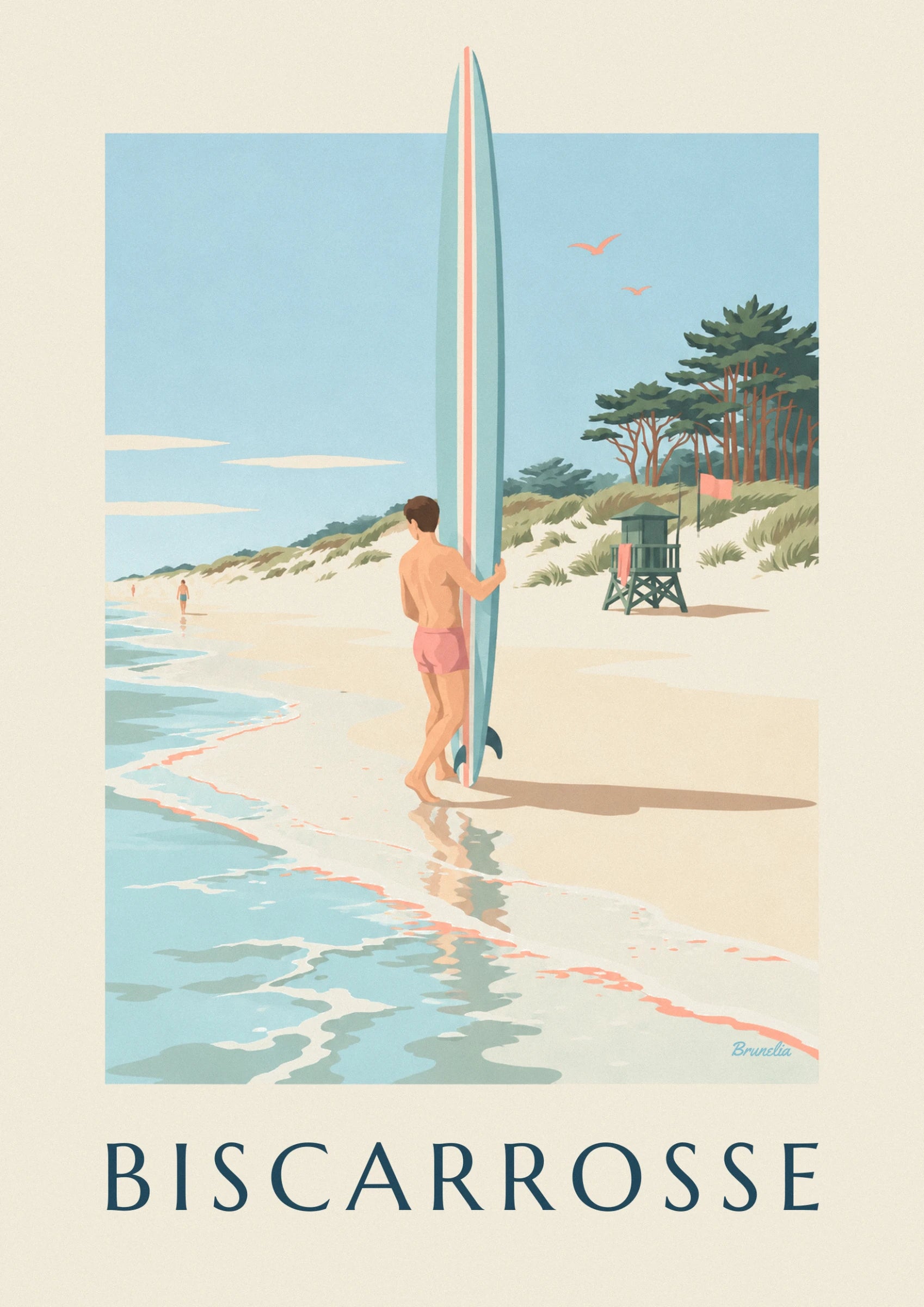 Le surfeur en short rose, adossé à sa planche bleue rayée, face à la dune et au poste de secours