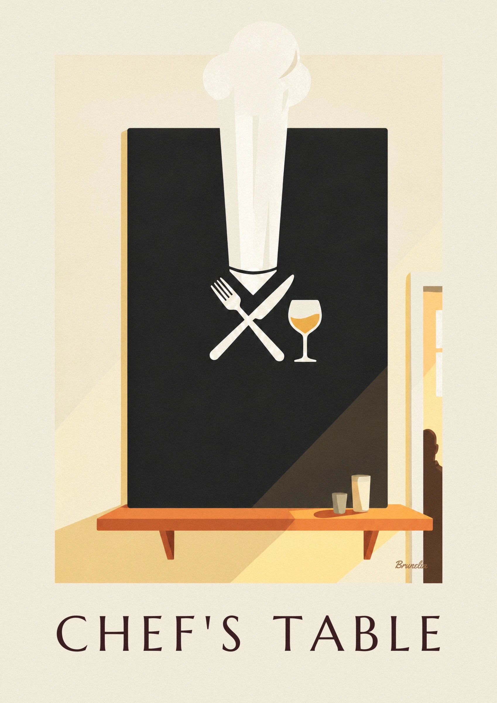 Fourchette et couteau croisés, verre de vin blanc doré, sous la toque, sur fond ardoise