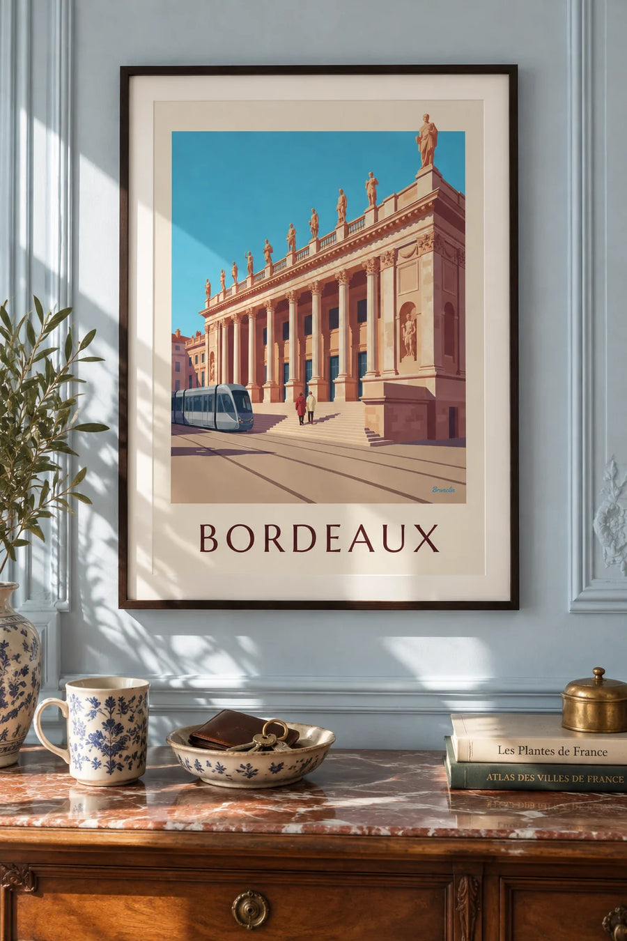 Plakát Grand Théâtre a náměstí Place de la Comédie v Bordeaux: zarámovaný na zdi