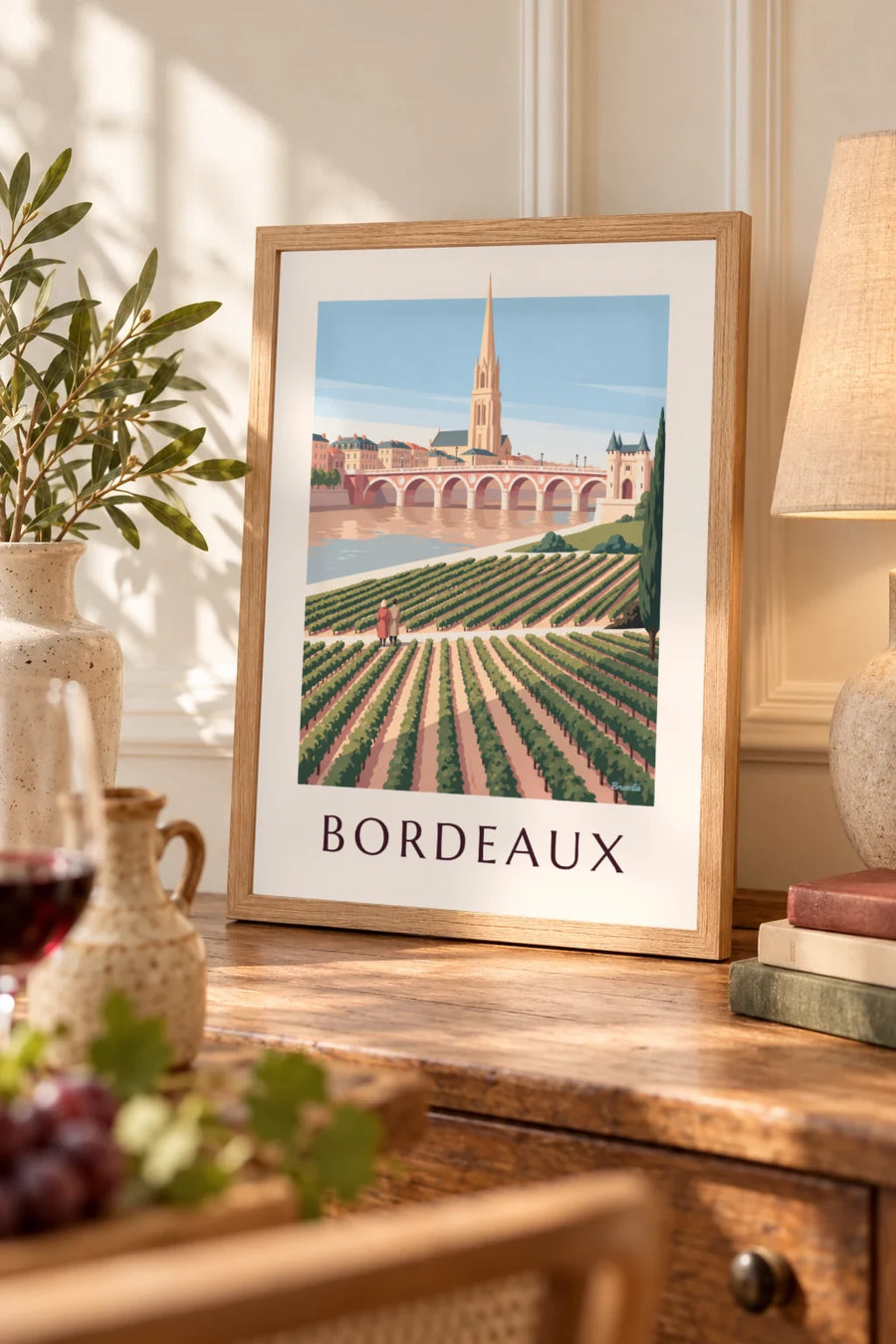Affiche pont de pierre et porte Cailhau à Bordeaux vus des vignes : petit format A4 encadré