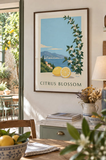 Affiche citron, demi-citron et fleurs blanches de citronnier : encadrée au mur