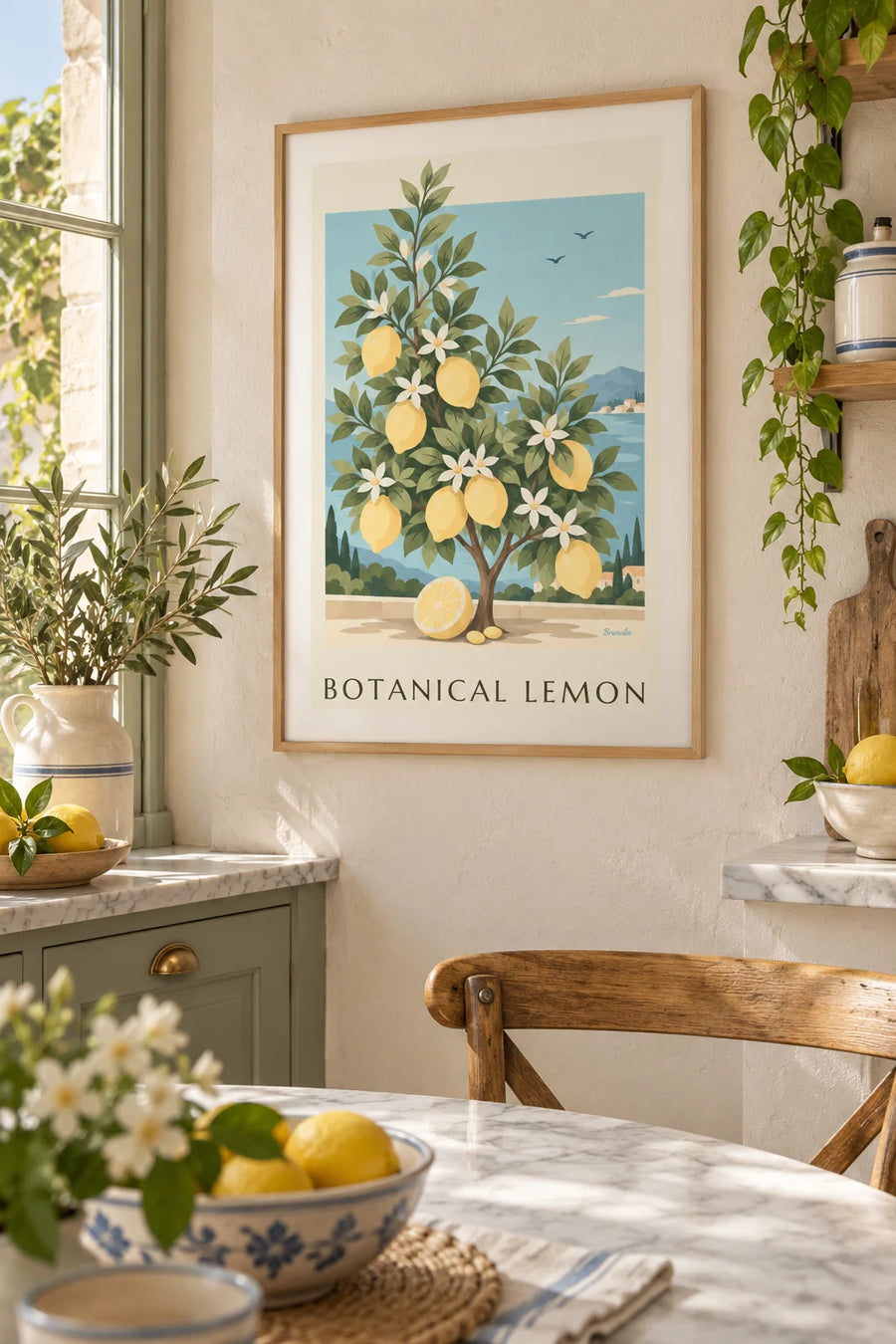 Plakát citroníku Citrus limon jako botanická tabule: plakát v rámu na zdi