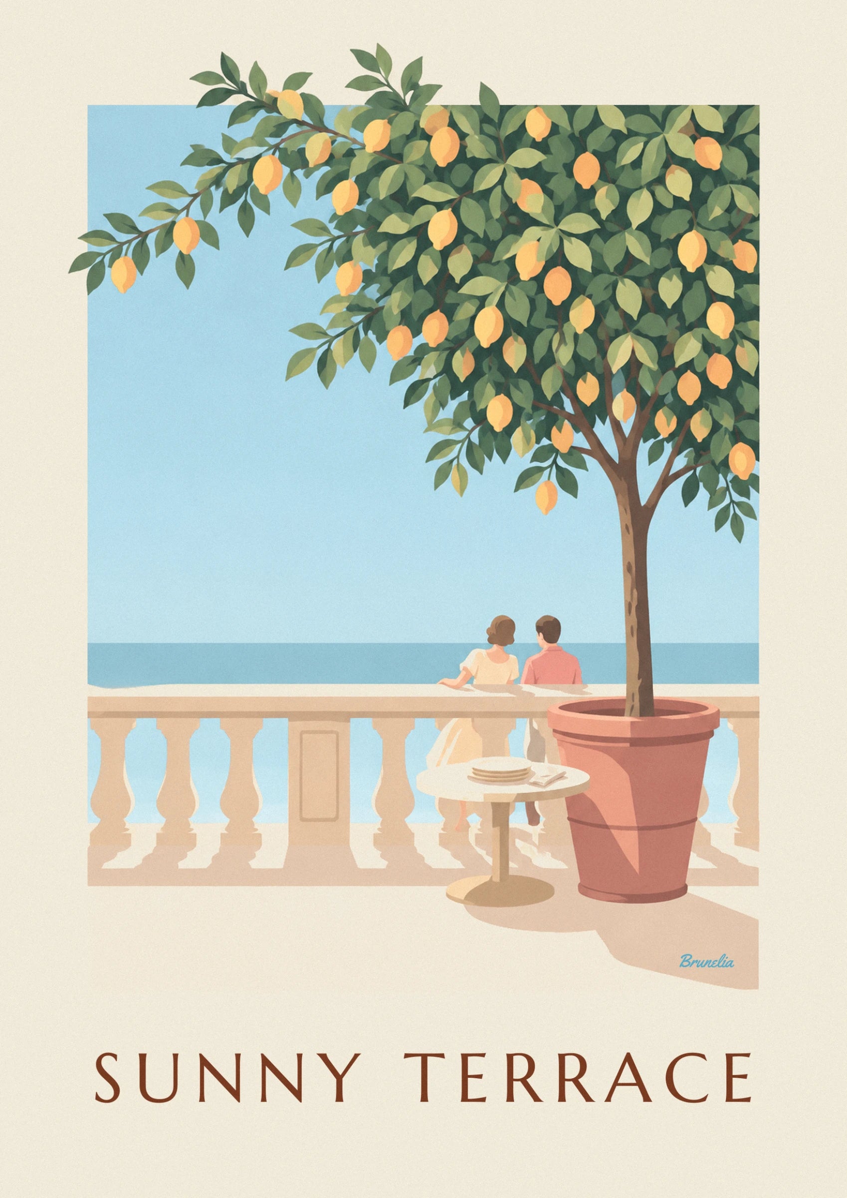 Le couple accoudé à la balustrade face à la mer, près du grand pot en terre cuite
