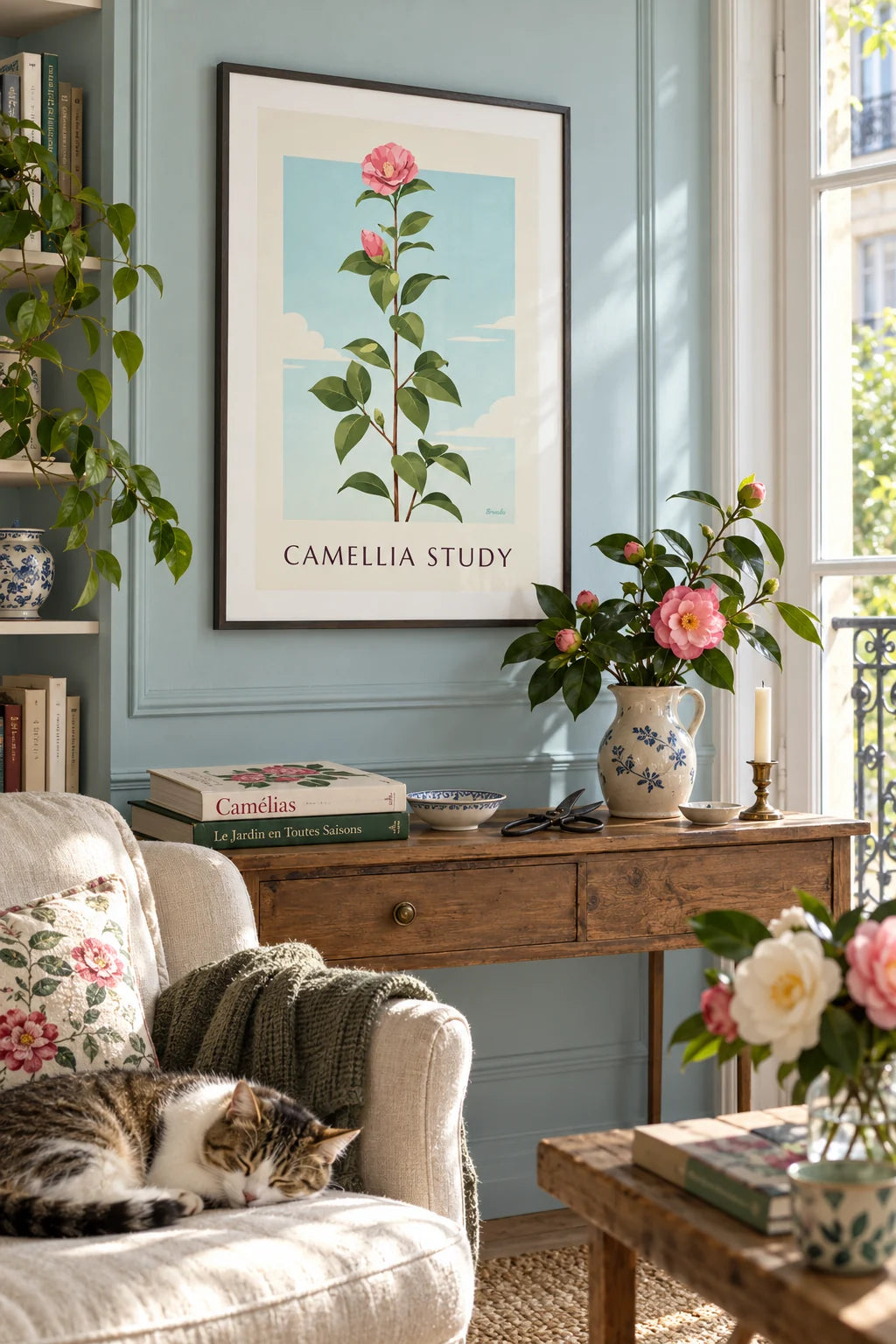 Living room: Pink camellia in bloom botanical plate poster on the wall