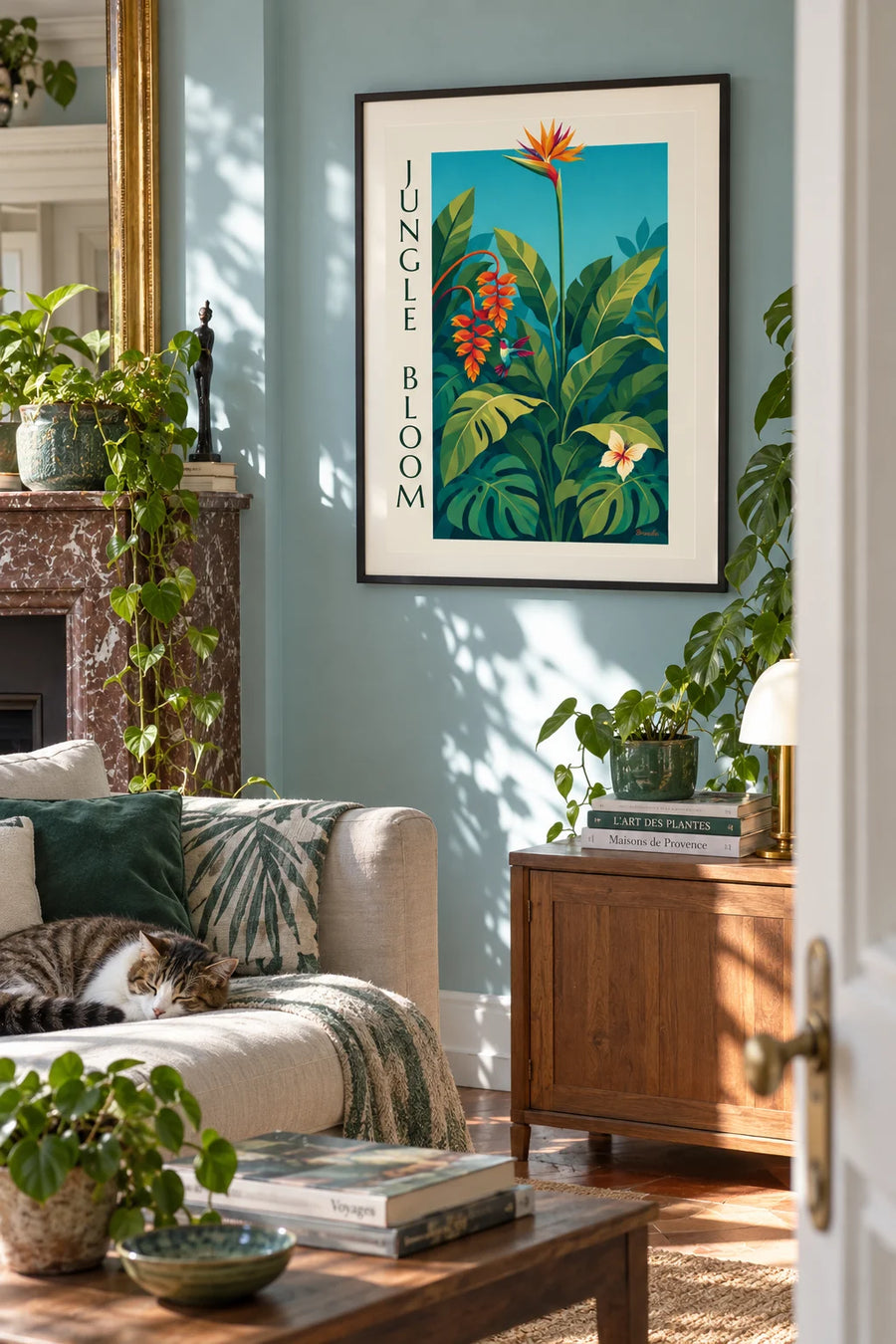Tropical jungle poster with exotic flowers and a hummingbird: framed on the wall