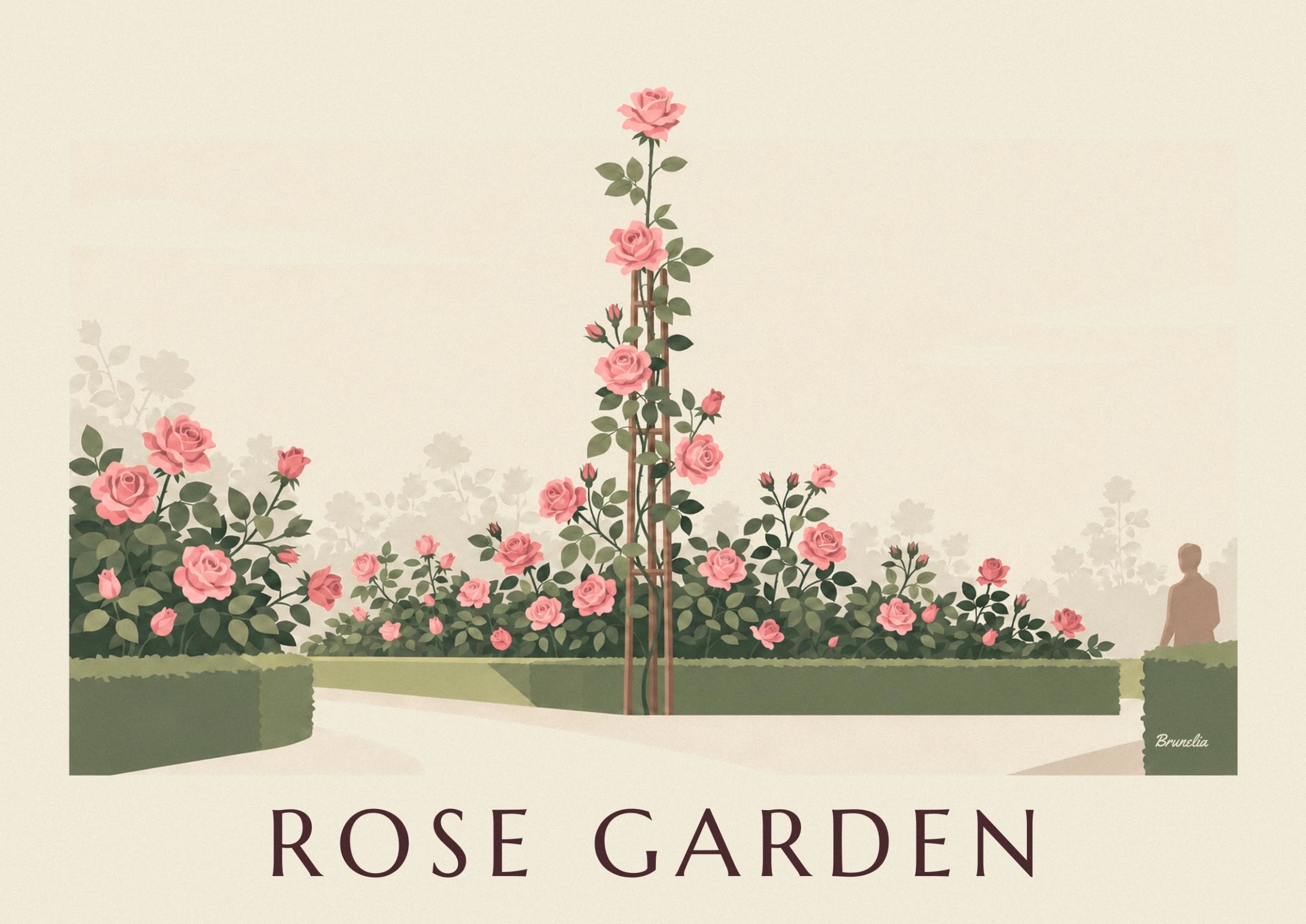 Les roses roses sur leurs longues tiges feuillues, guidées par un treillage brun