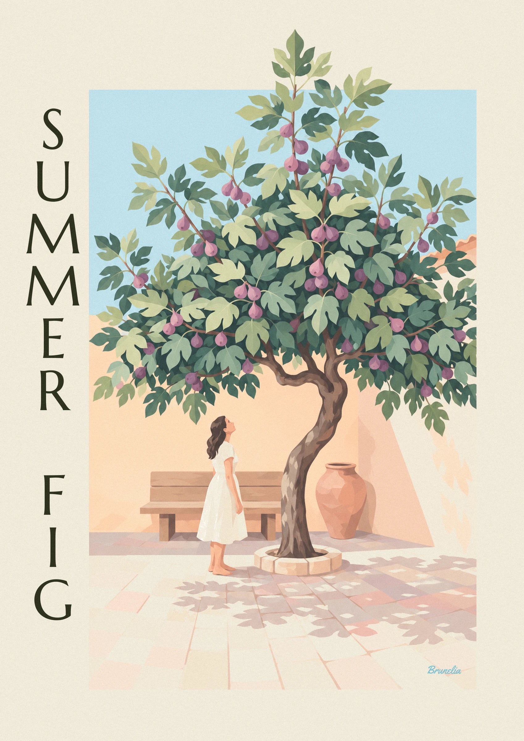 Fig tree laden with purple figs in a stone courtyard poster: close-up detail