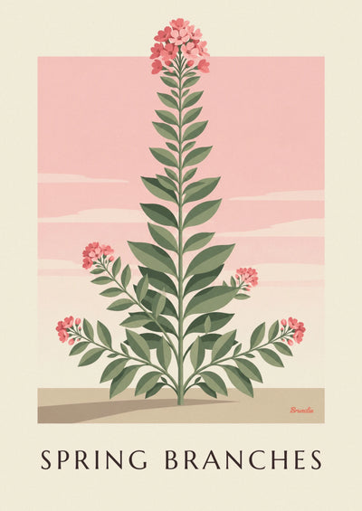 Affiche branches feuillues et fleurs roses de printemps : l'affiche entière
