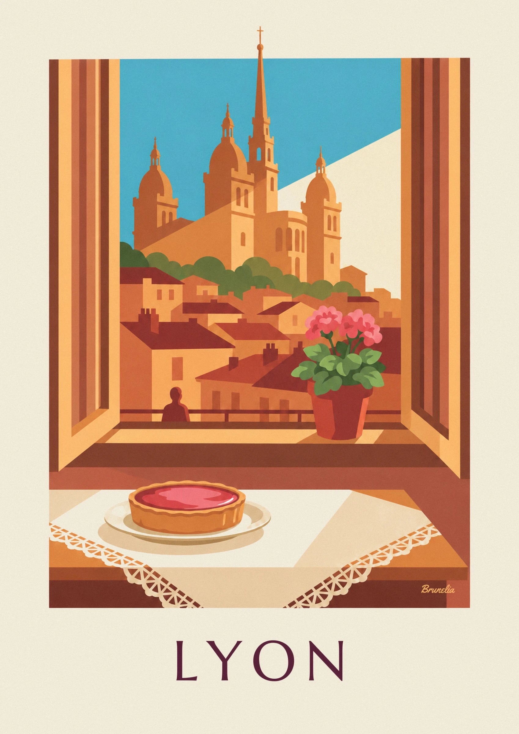 The pink praline tart on its plate on a lace-edged tablecloth