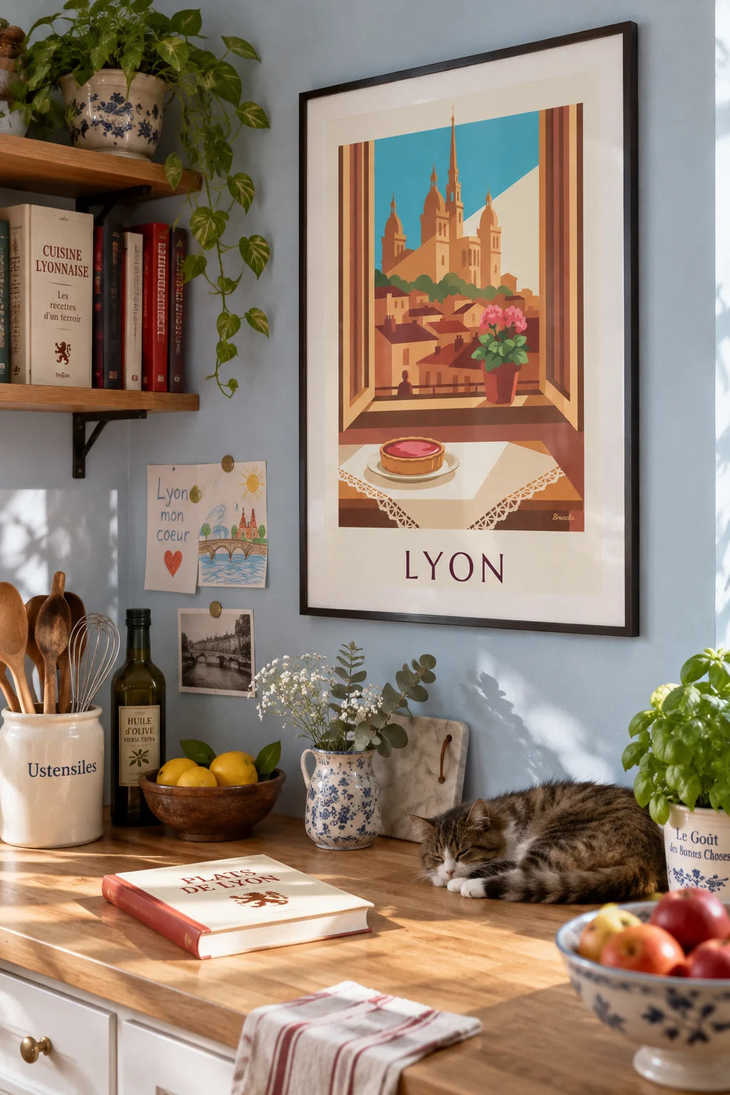 Pink praline tart at a Lyon living room window poster on the wall
