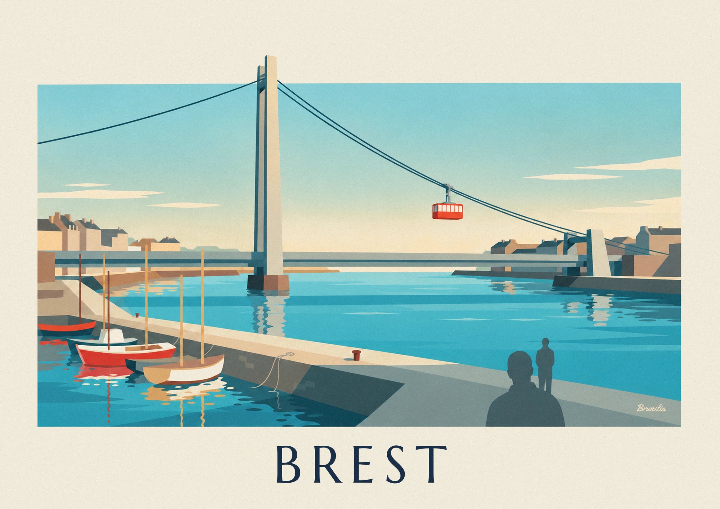 Le pylône du pont dressé au-dessus de l'eau bleue, avec ses câbles tendus