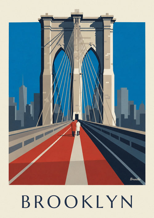 Poster of the Brooklyn Bridge in perspective from its walkway: the full poster