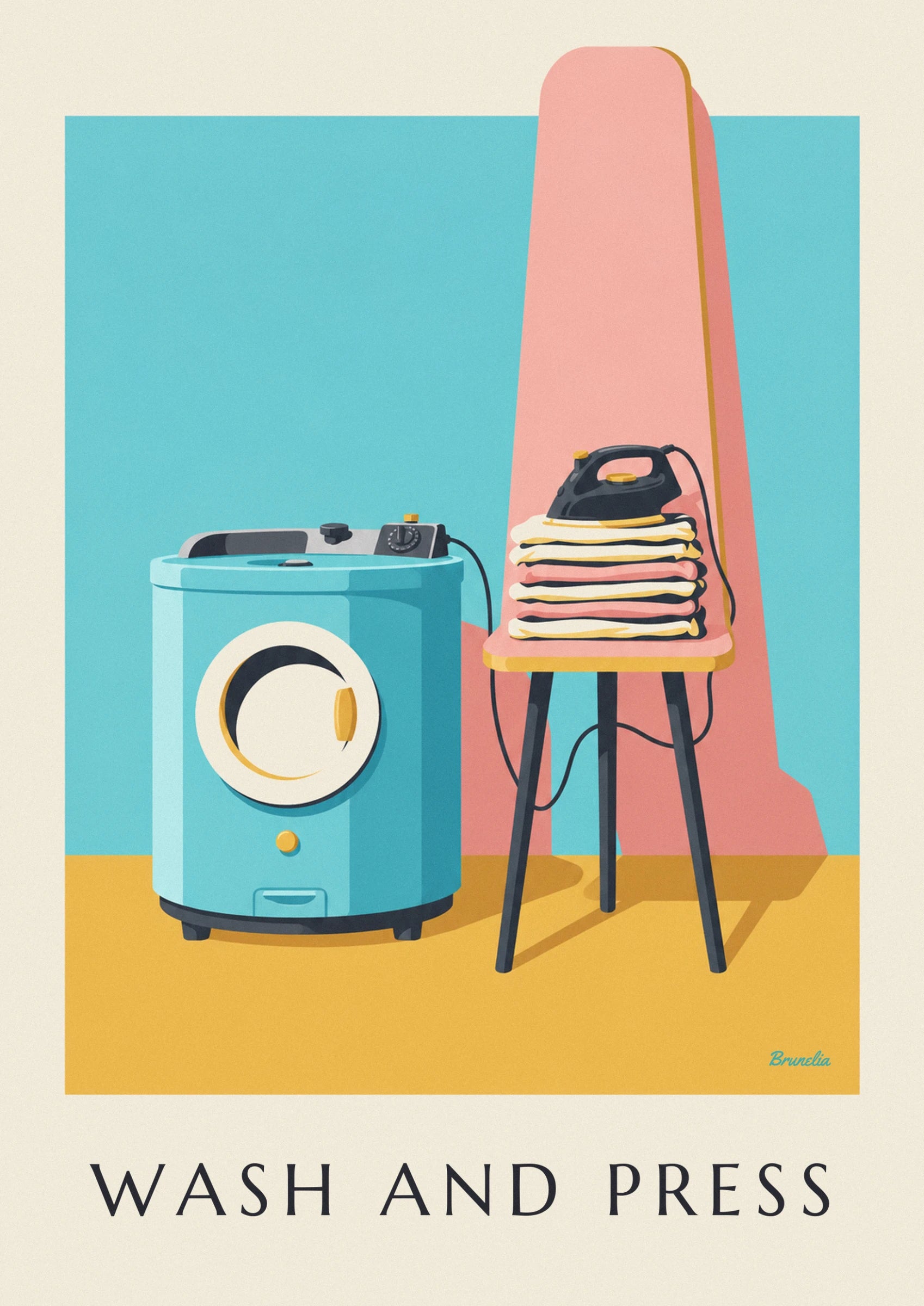 The blue washing machine with its cream porthole door, yellow button and drawer