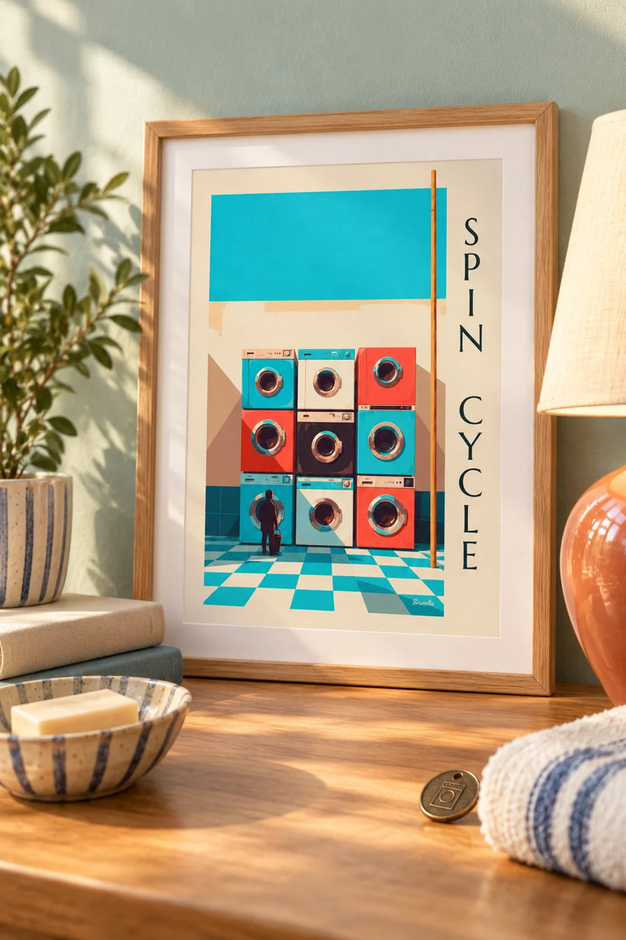 Affiche grille de 9 machines à laver colorées : petit format A4 encadré