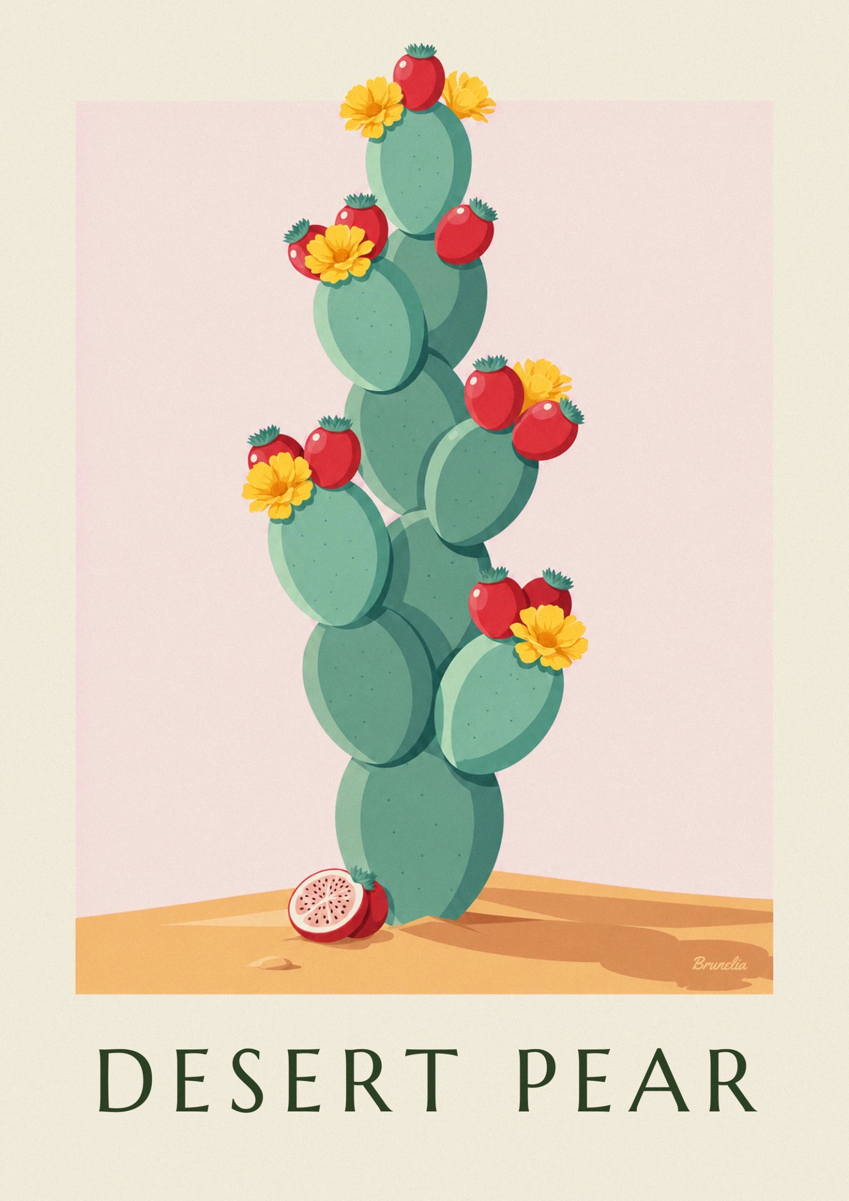 The sea green cactus pads, their red fruits and a yellow flower in full bloom