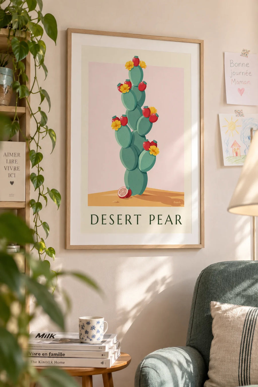 Botanical plate poster of the opuntia cactus, flowers and fruits: framed on a wall