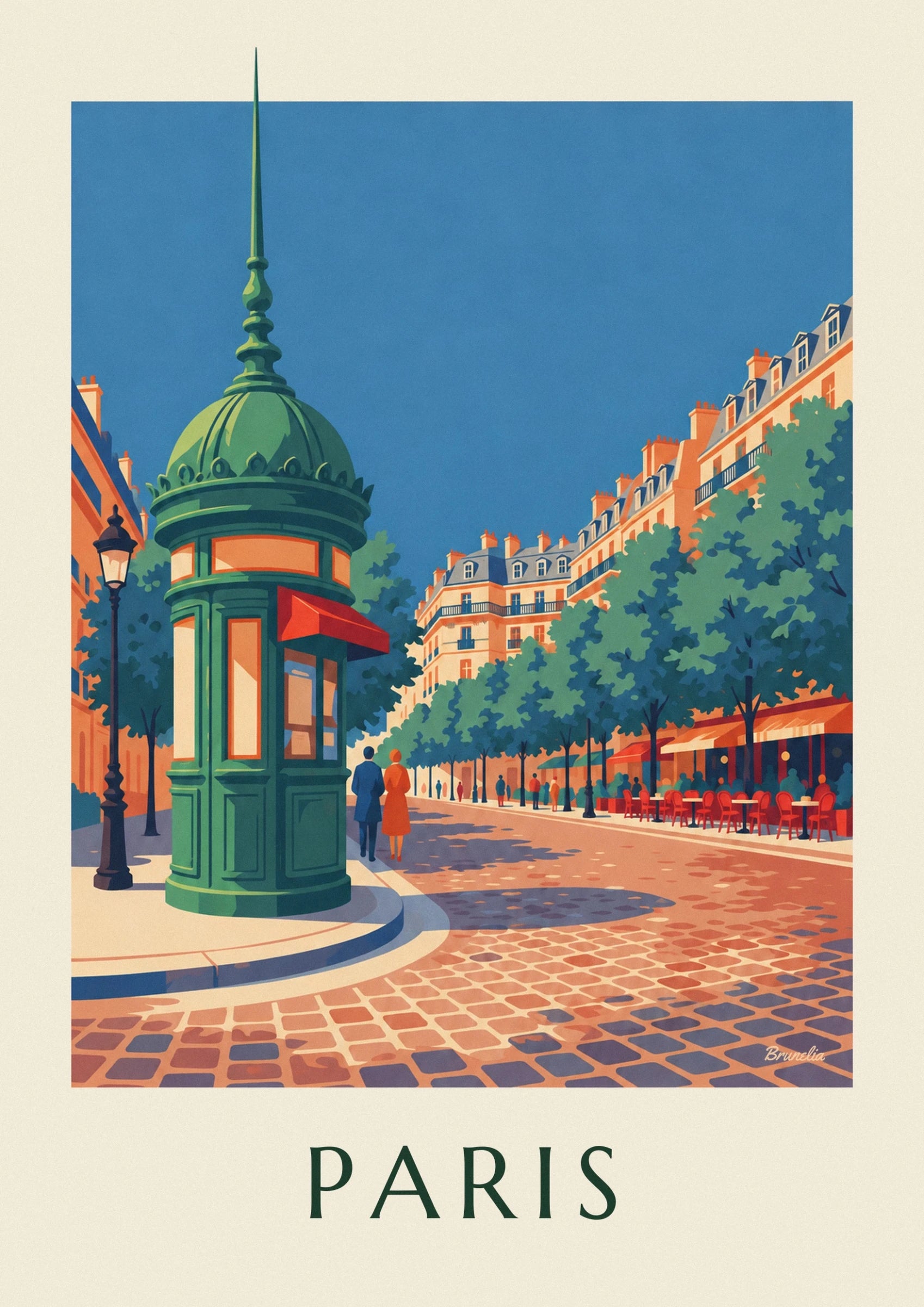 Le kiosque vert à dôme et son auvent rouge, avec un couple qui passe près du lampadaire