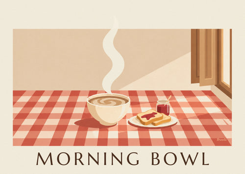 Affiche bol de café au lait et tartines beurrées au petit-déjeuner : l'affiche entière