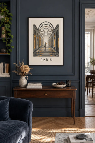 Plakát galerie Vivienne, pasáž se skleněnou střechou v Paříži: zarámovaný na zdi